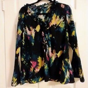 East 5th Woman 1x Floral Ruffled Blouse Teal, Black, Yellow